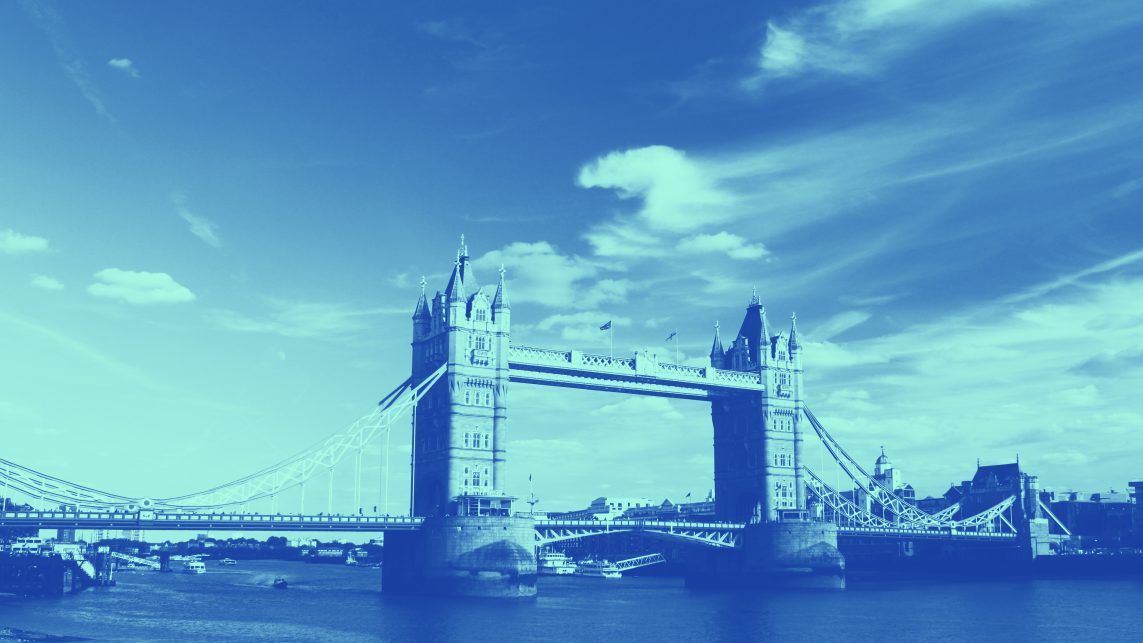 Tower Bridge on a partly cloudy day, edited to be in mint green and deep blue 'Getting Results' brand colours